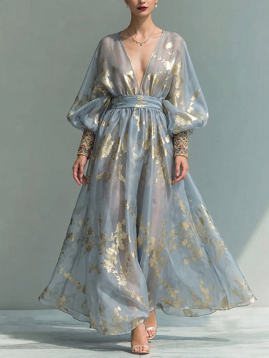 Sheer Gold Foil Floral Balloon Sleeve Maxi Dress