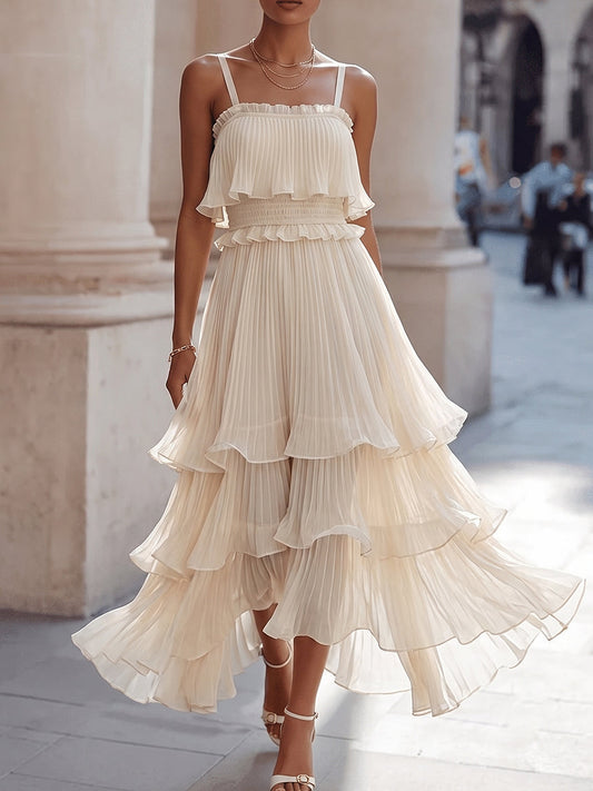 Cream Pleated Tiered Spaghetti Strap Midi Dress