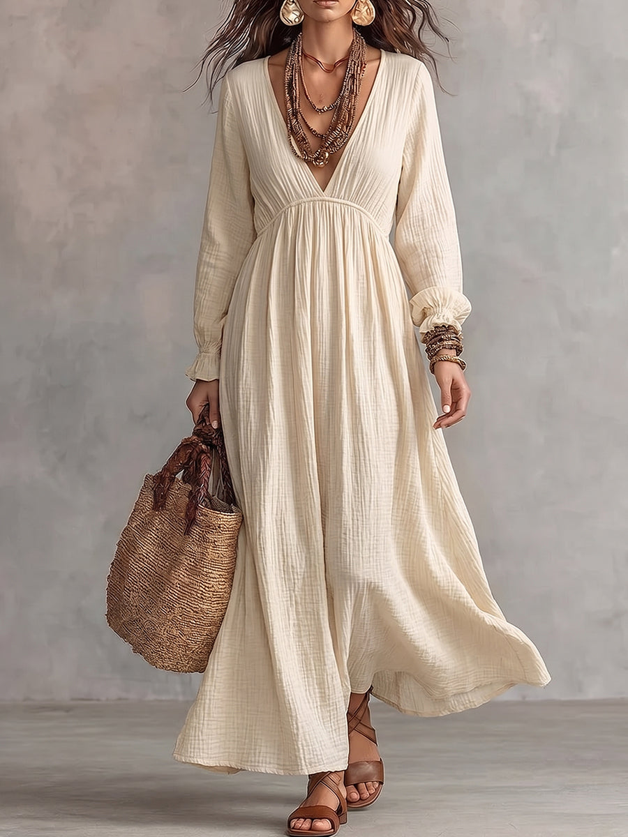 Beige Deep V-Neck Crinkled Maxi Dress