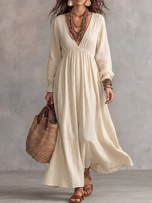 Beige Deep V-Neck Crinkled Maxi Dress