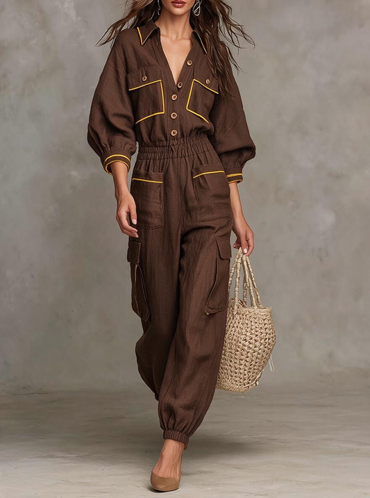 Chocolate Contrast Piping Cargo Jumpsuit