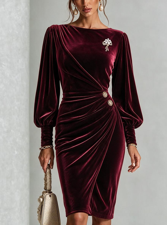 Burgundy Velvet Draped Midi Dress