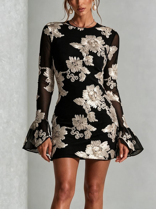 Black Sheer Sleeve 3D Floral Applique Mini Dress