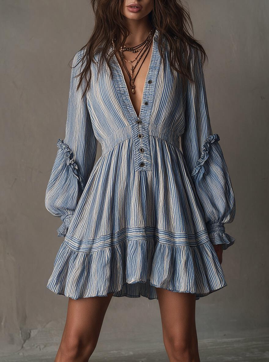 Blue Pinstripe Ruffled Tiered Mini Dress