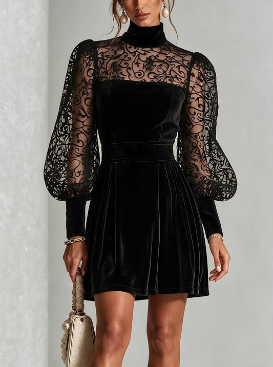Black Velvet Sheer Lace Sleeve Mini Dress