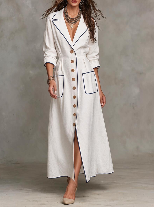White Contrast Piping Long Shirt Dress