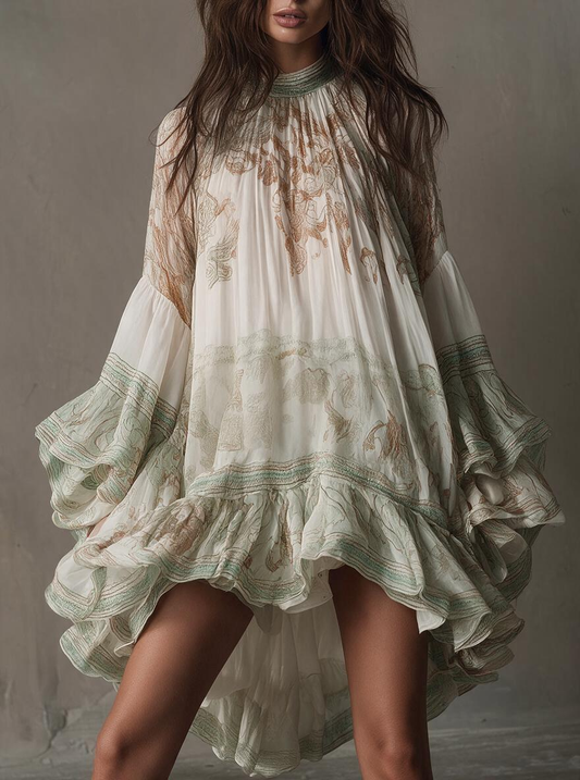 Semi-Sheer High Neck Ruffle High-Low Tunic Dress