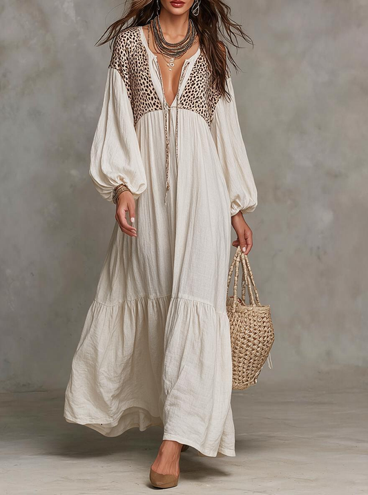 Leopard Patchwork Tie-Front Maxi Dress
