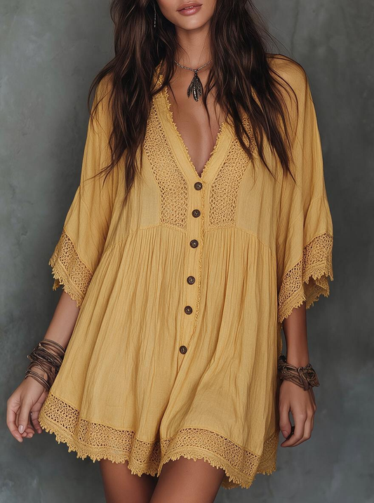 Mustard Crochet Trim Button-Front Mini Dress