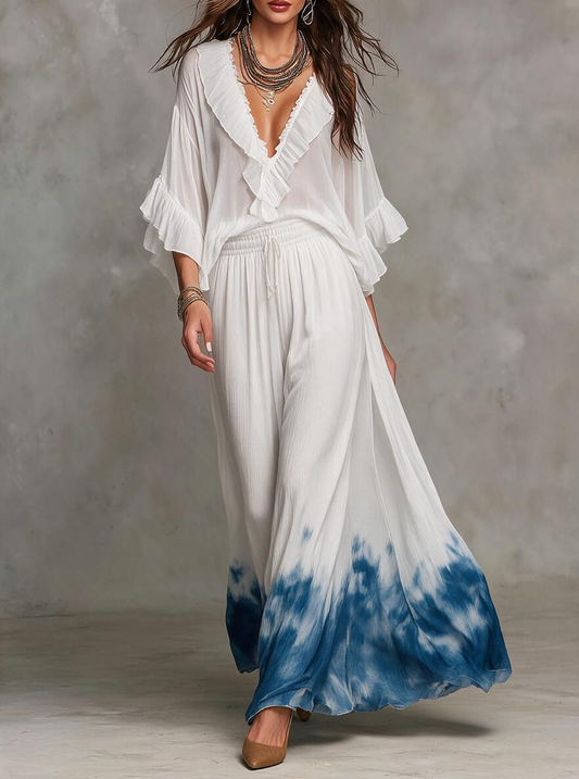 White Ruffle Top And Blue Dip-Dye Wide-Leg Pants Set