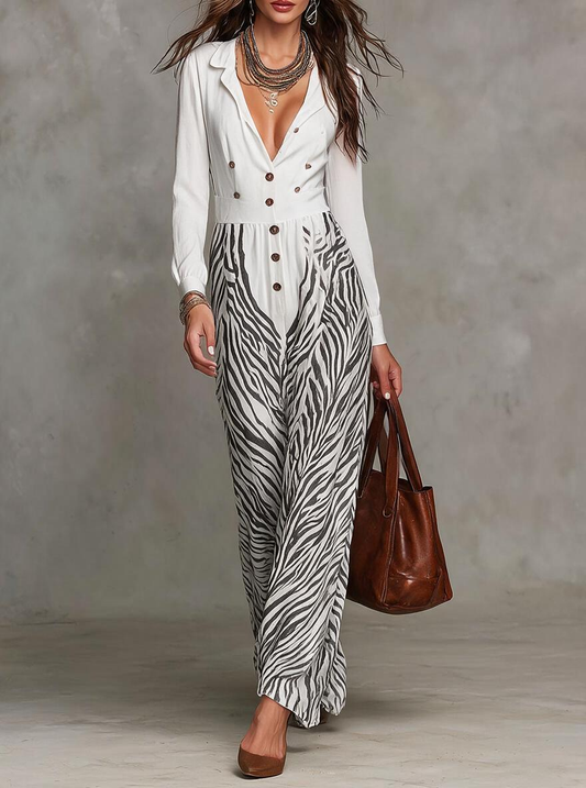 White Double-Breasted Zebra Print Jumpsuit