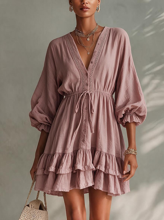 Dusty Rose Balloon Sleeve Drawstring Mini Dress