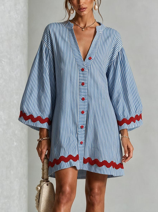 Blue Stripe Red Wave Trim Button-Front Mini Dress