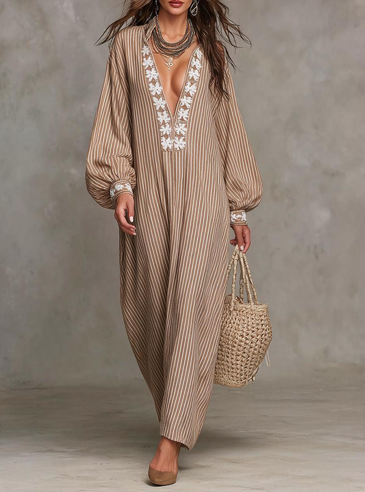 Beige Stripe Embroidered Deep V-Neck Maxi Dress