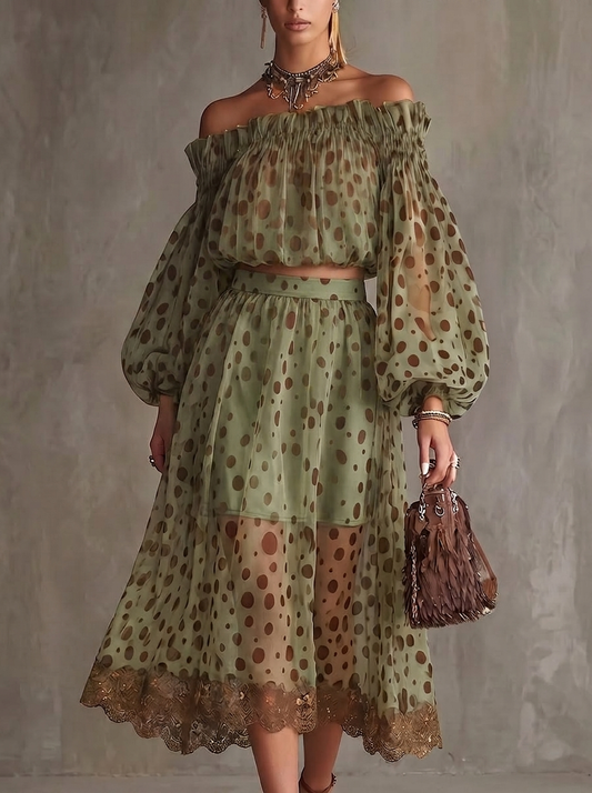 Olive Polka Dot Off-Shoulder Two-Piece Set