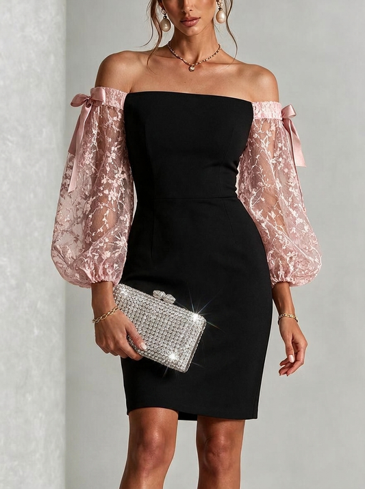 Black Off-Shoulder Lace Bow Sleeve Mini Dress