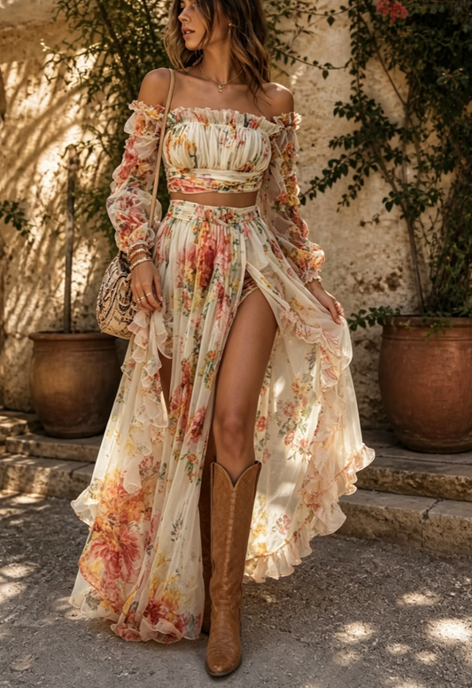 Off-Shoulder Floral Ruffle Two-Piece Maxi Set