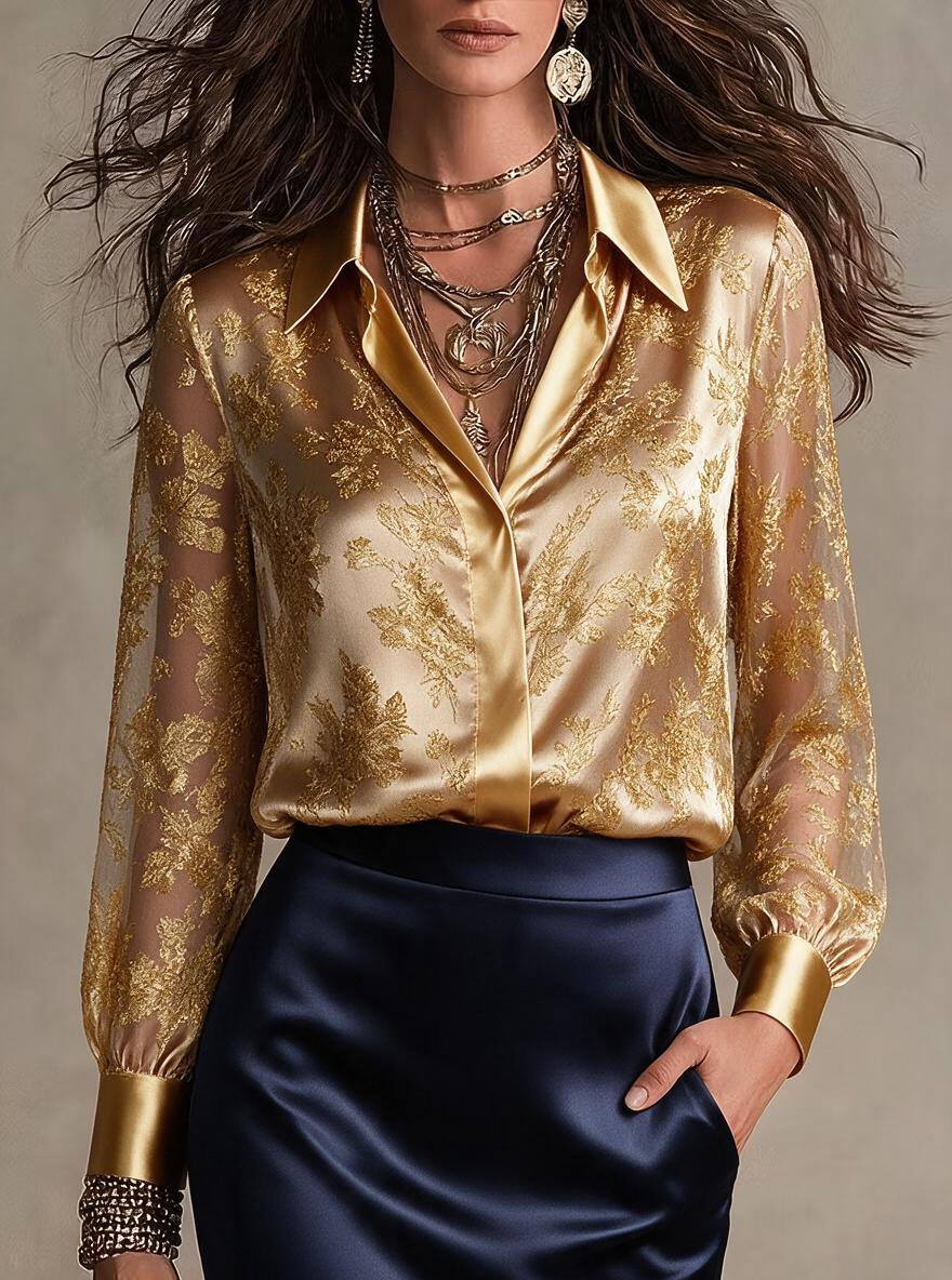 Gold Sheer Floral Embroidered Satin Shirt