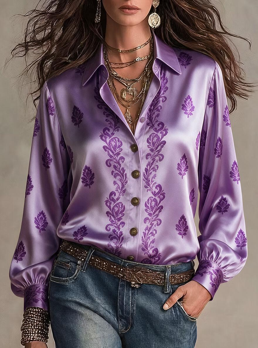 Lavender Damask Print Satin Shirt