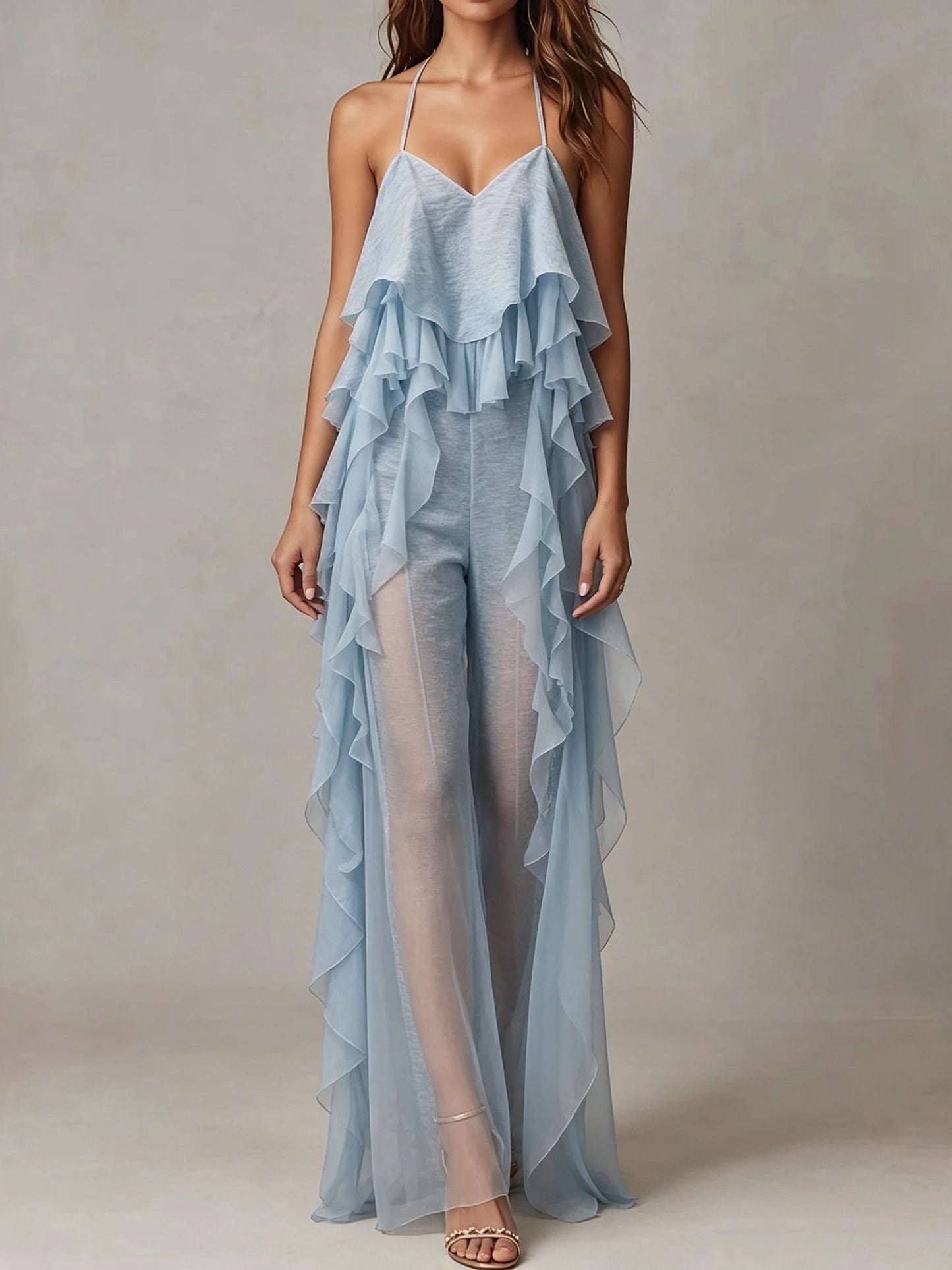 Light Blue Sheer Ruffle Halter Jumpsuit