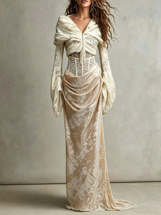 Champagne Velvet Lace Corset Maxi Dress