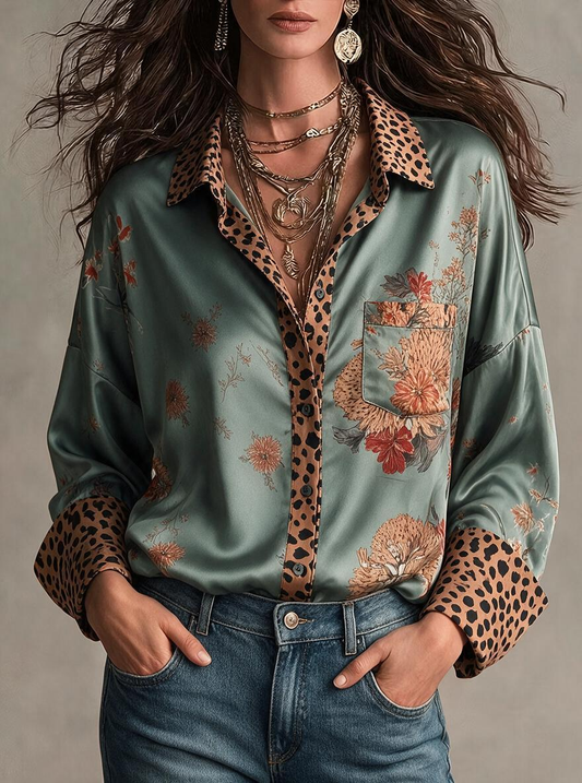 Sage Floral Leopard Trim Satin Shirt