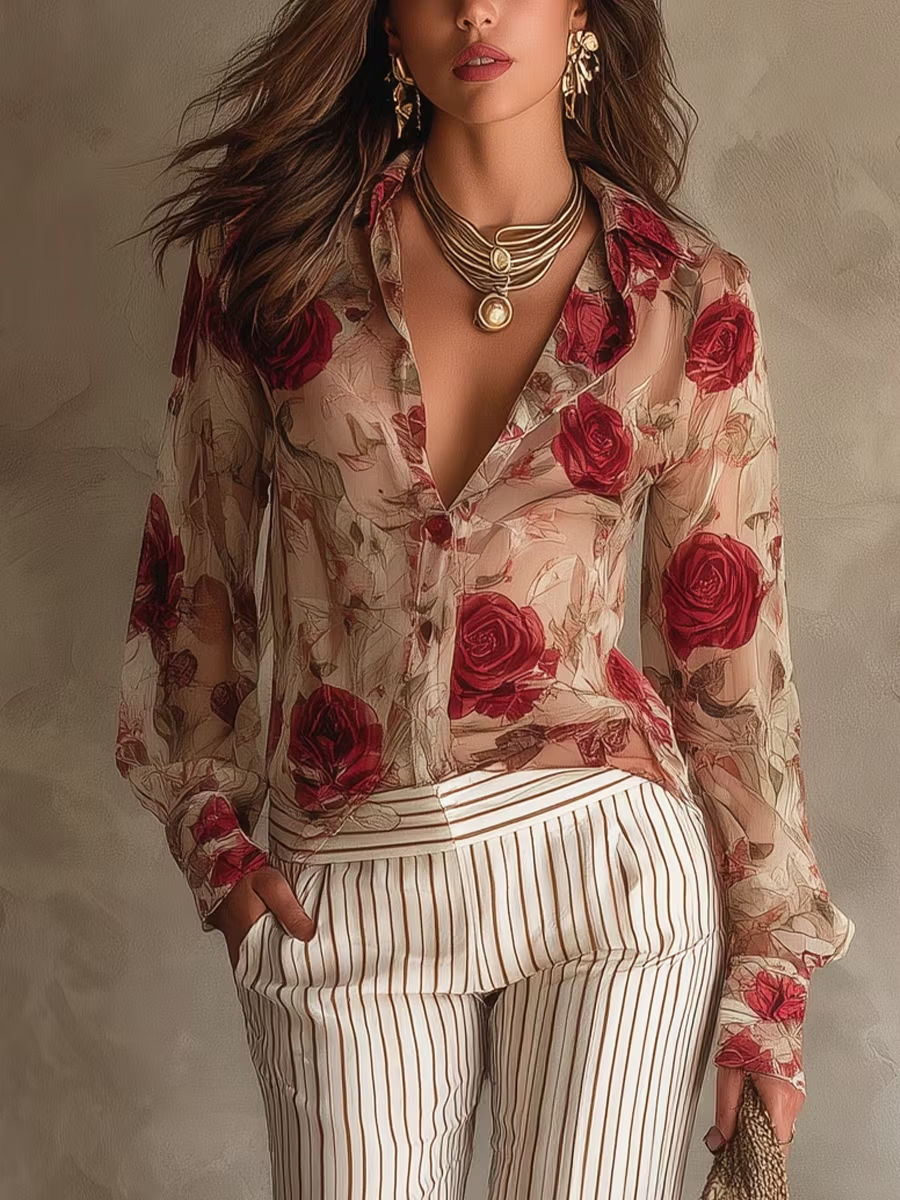 Red Rose Print Sheer Button-Down Shirt