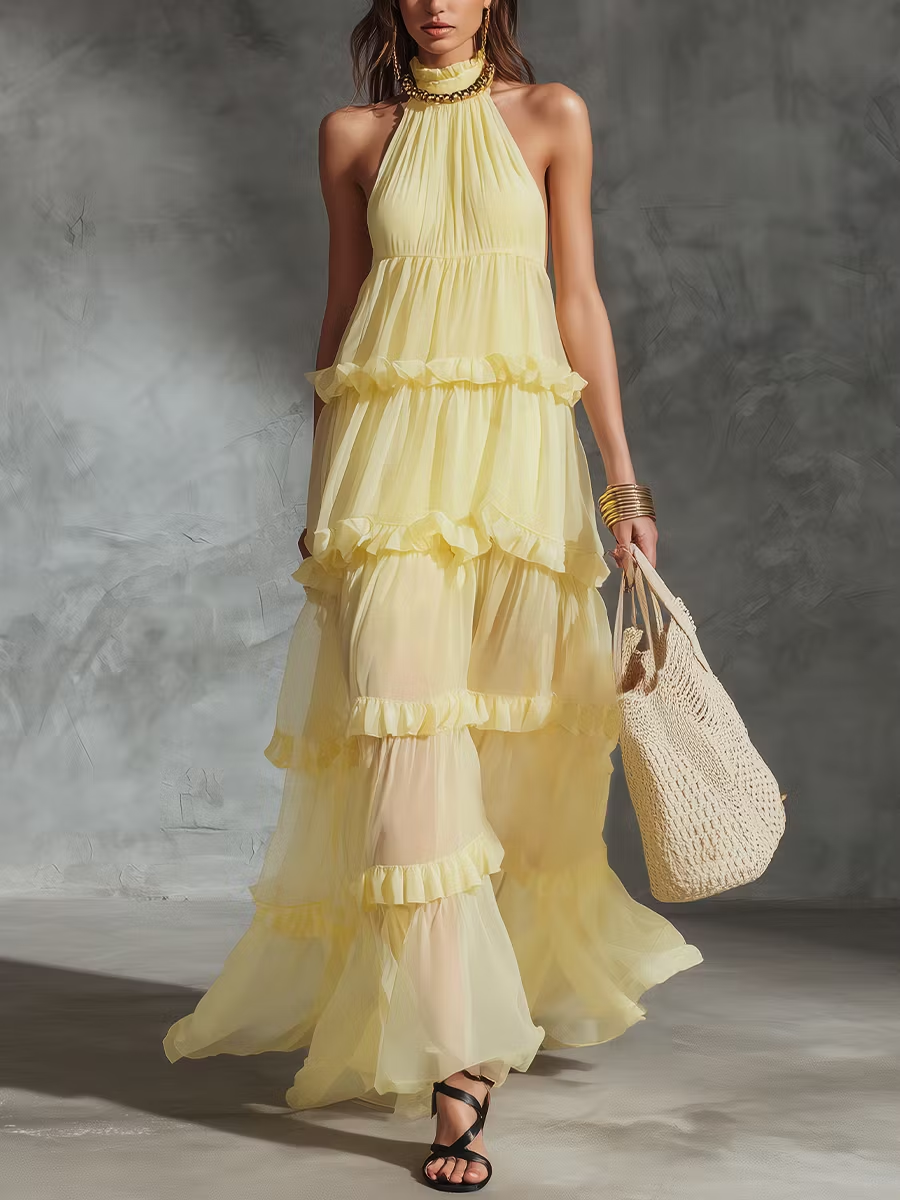 Pale Yellow Halter Tiered Ruffle Maxi Dress