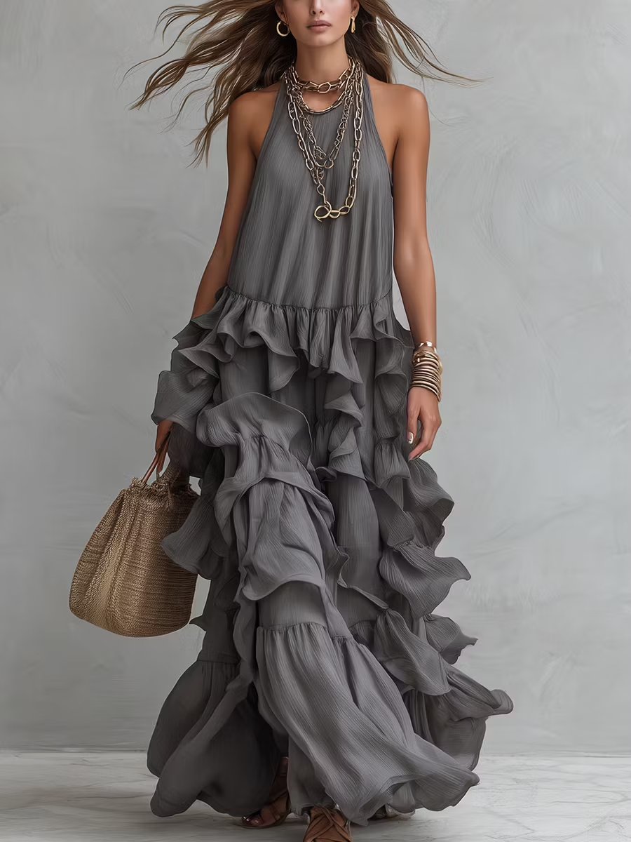 Grey Halter Tiered Ruffle Maxi Dress
