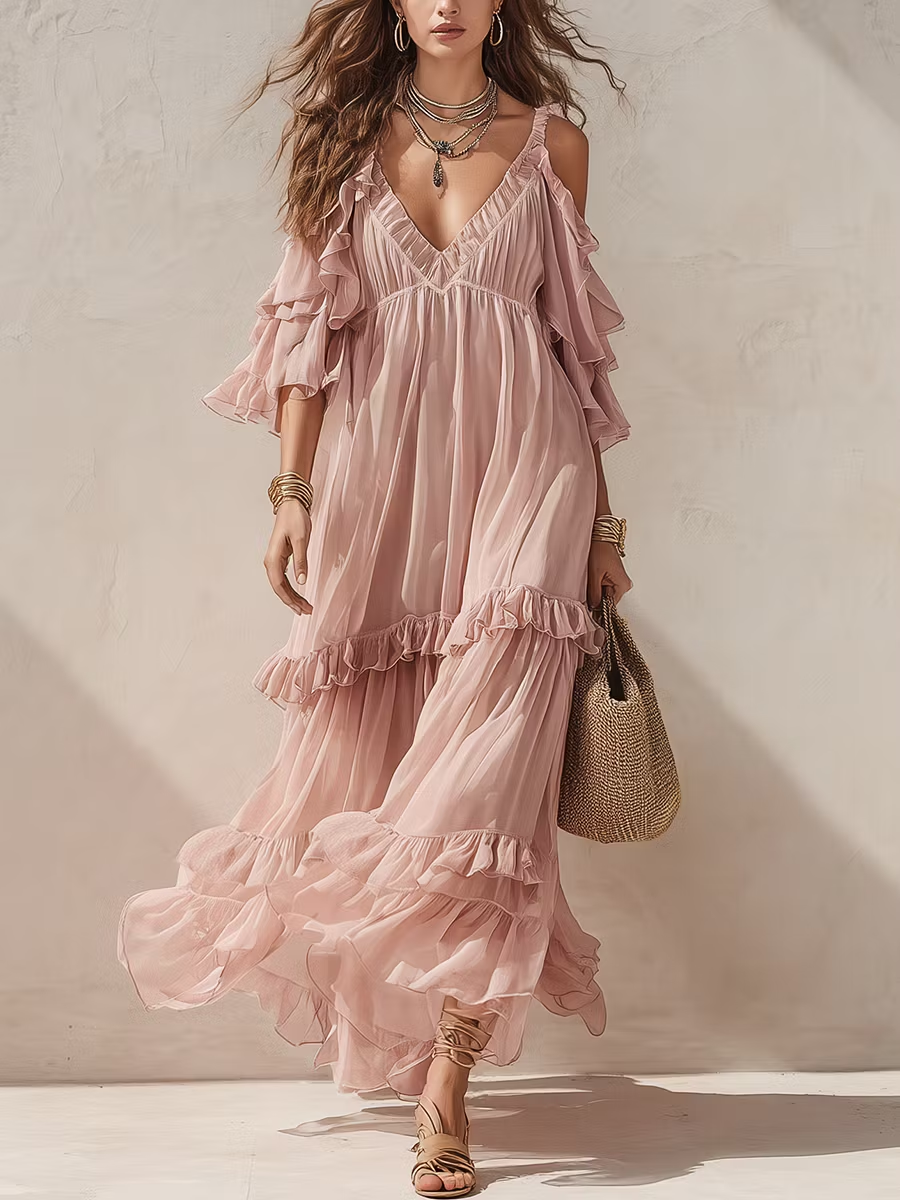 Dusty Rose Cold-Shoulder Tiered Ruffle Dress