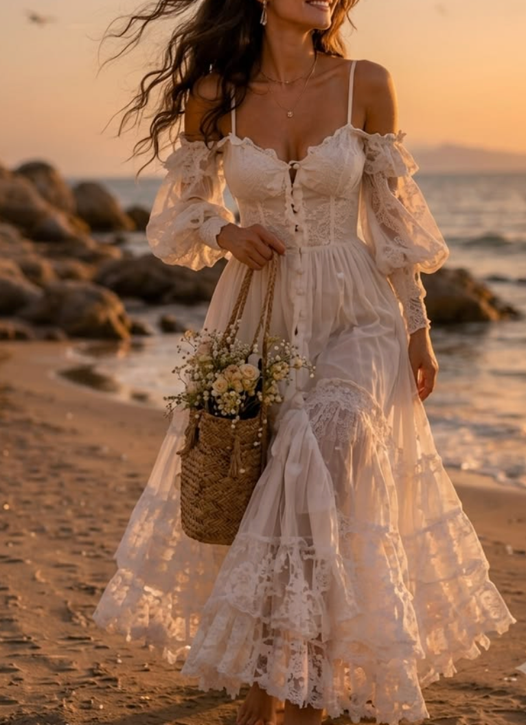 Cream Lace Off-Shoulder Tiered Maxi Dress