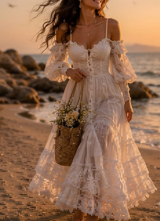 Cream Lace Off-Shoulder Tiered Maxi Dress