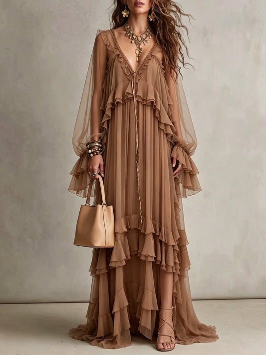 Mocha Sheer Tiered Ruffle Maxi Dress