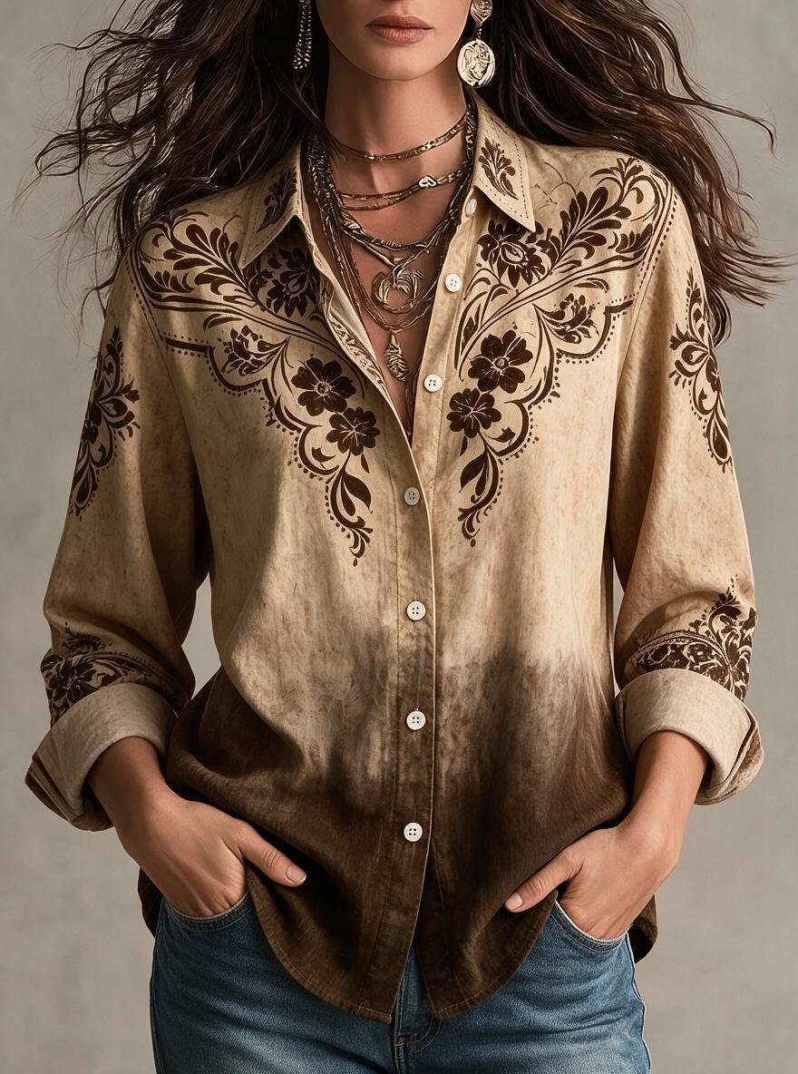 Brown Ombre Floral Button-Down Shirt