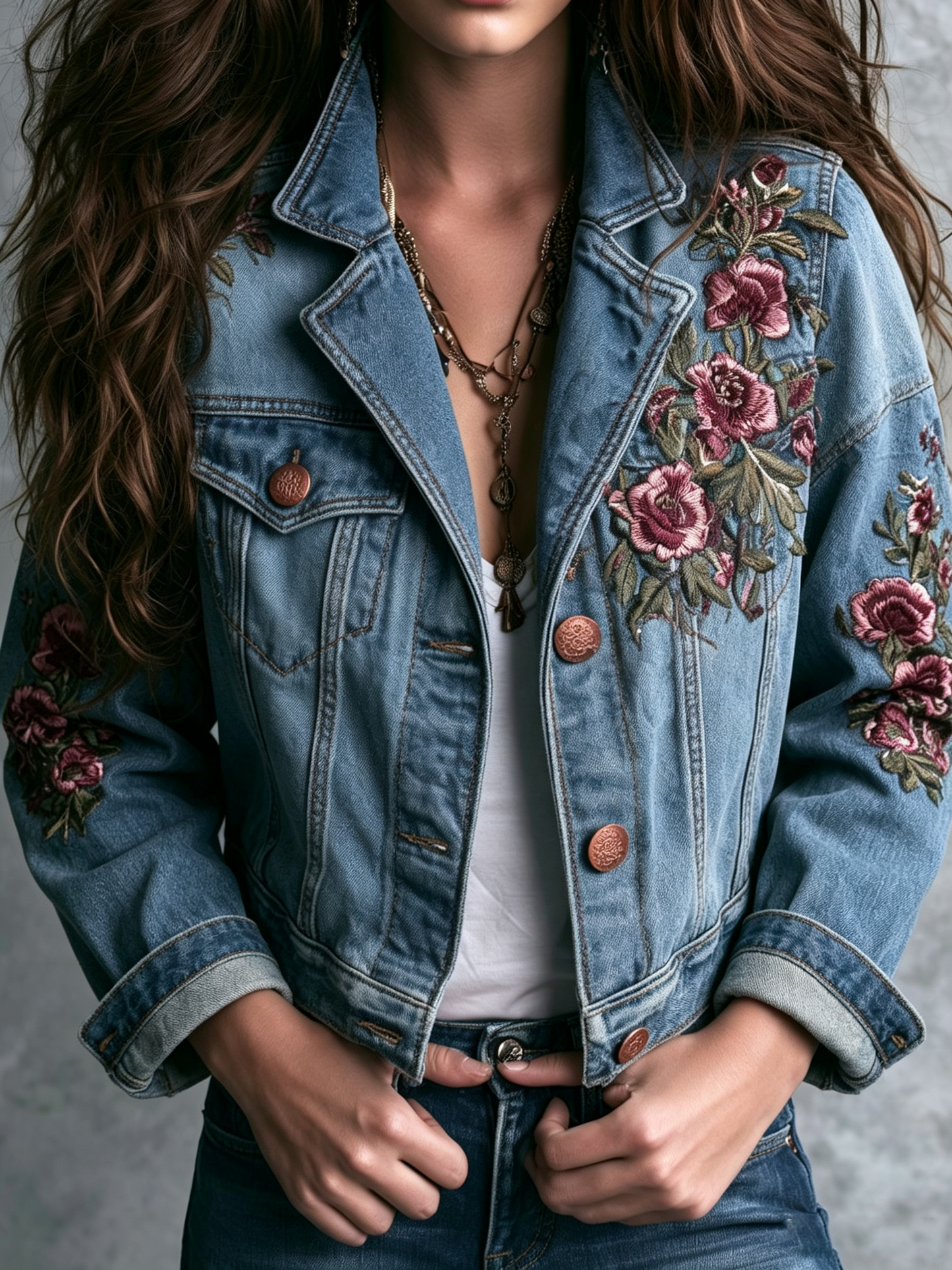 Blue Floral Embroidered Denim Jacket