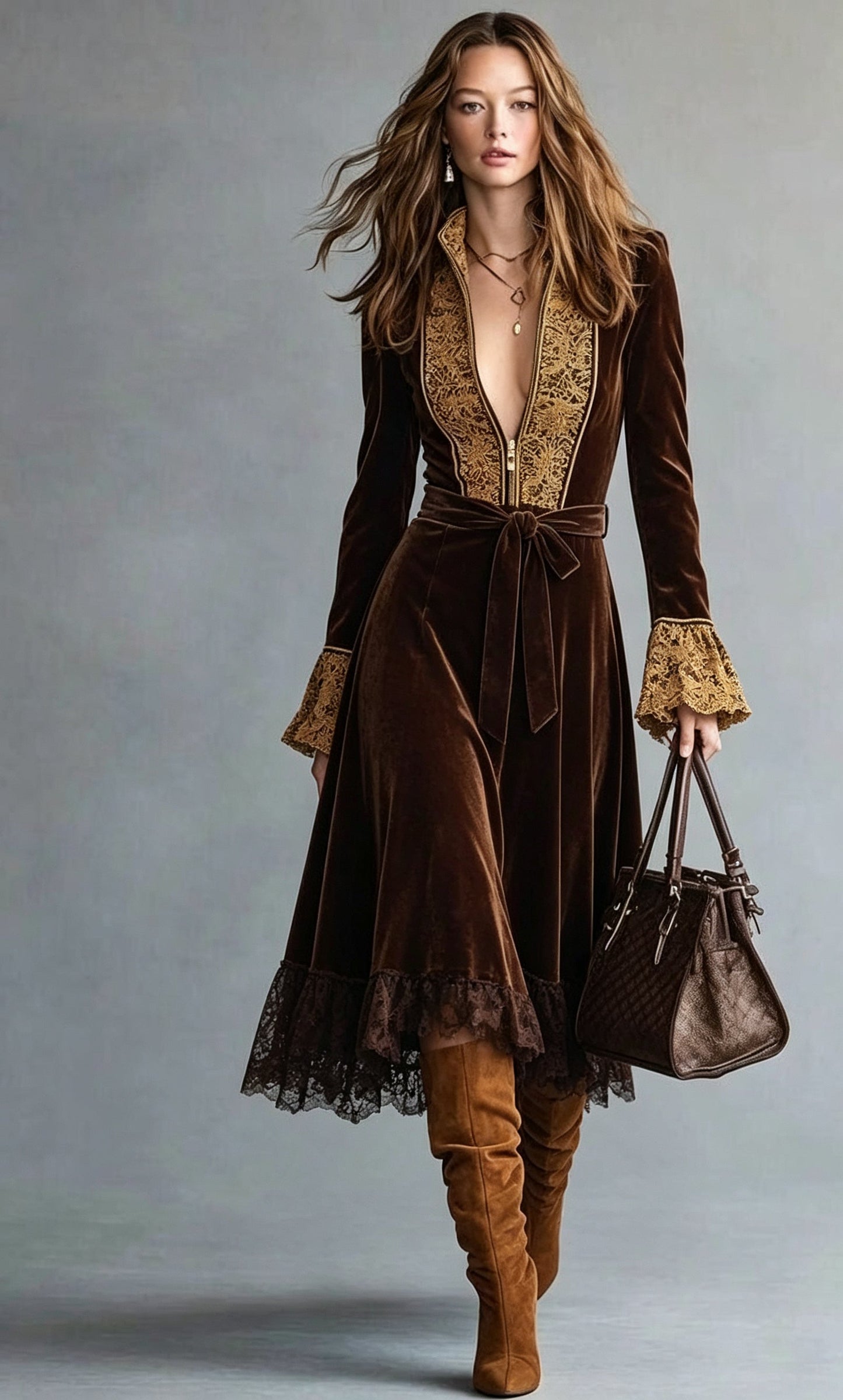 Brown Velvet Lace Trim Maxi Coat Dress