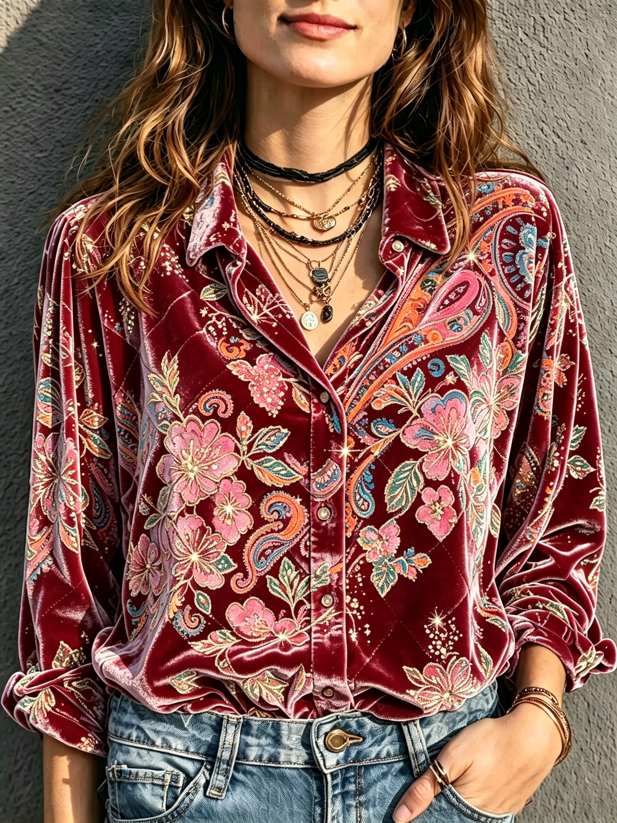 Burgundy Floral Velvet Shirt