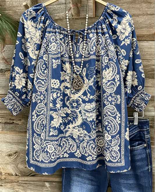 Blue White Paisley Boho Blouse