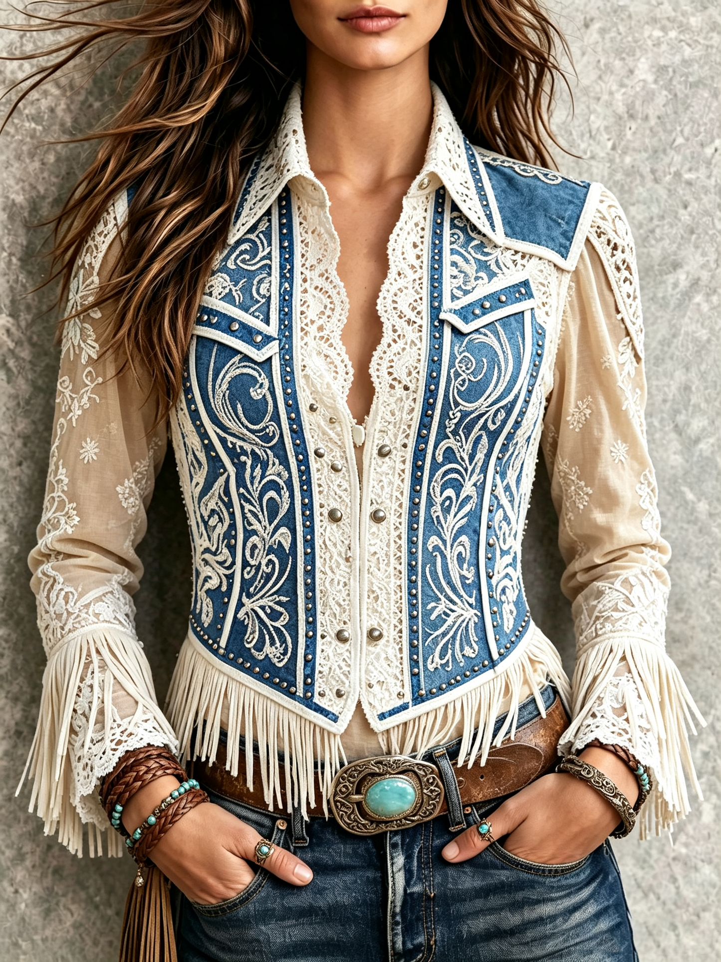 Blue Cream Fringe Western Blouse