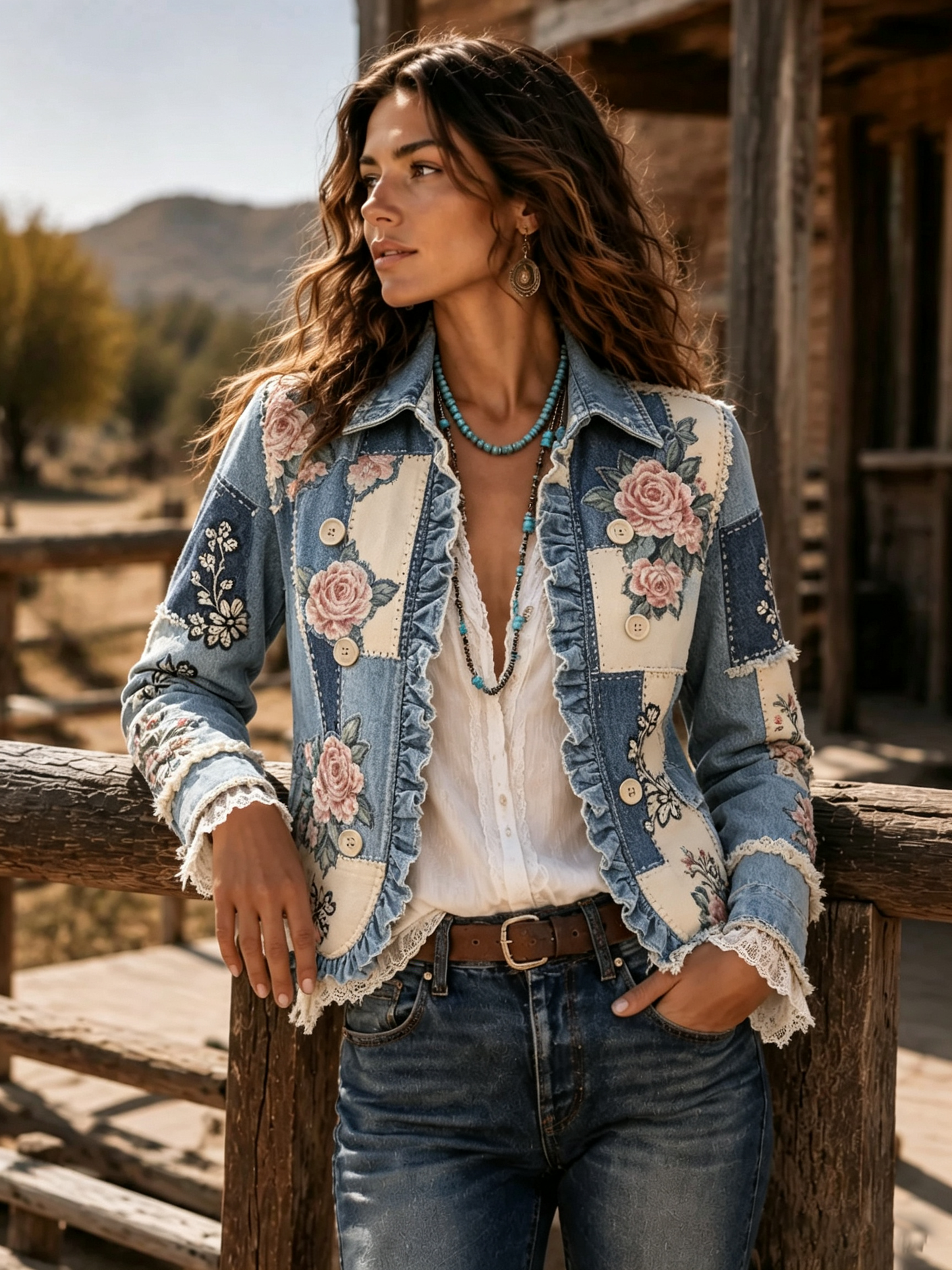 Blue Floral Patchwork Denim Jacket