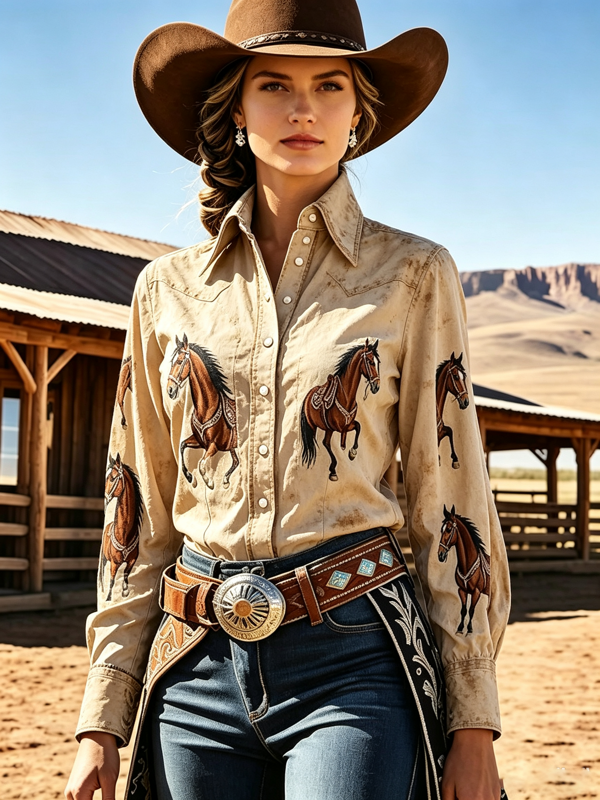 Beige Horse Print Western Shirt