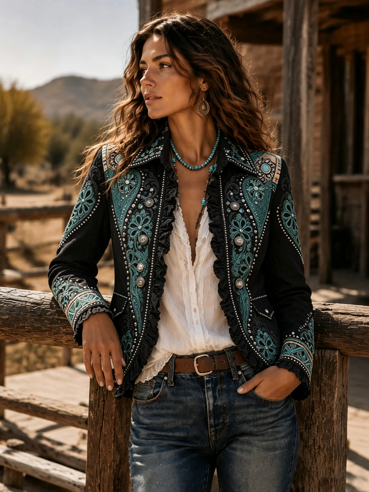Black Turquoise Embroidered Ruffle Jacket