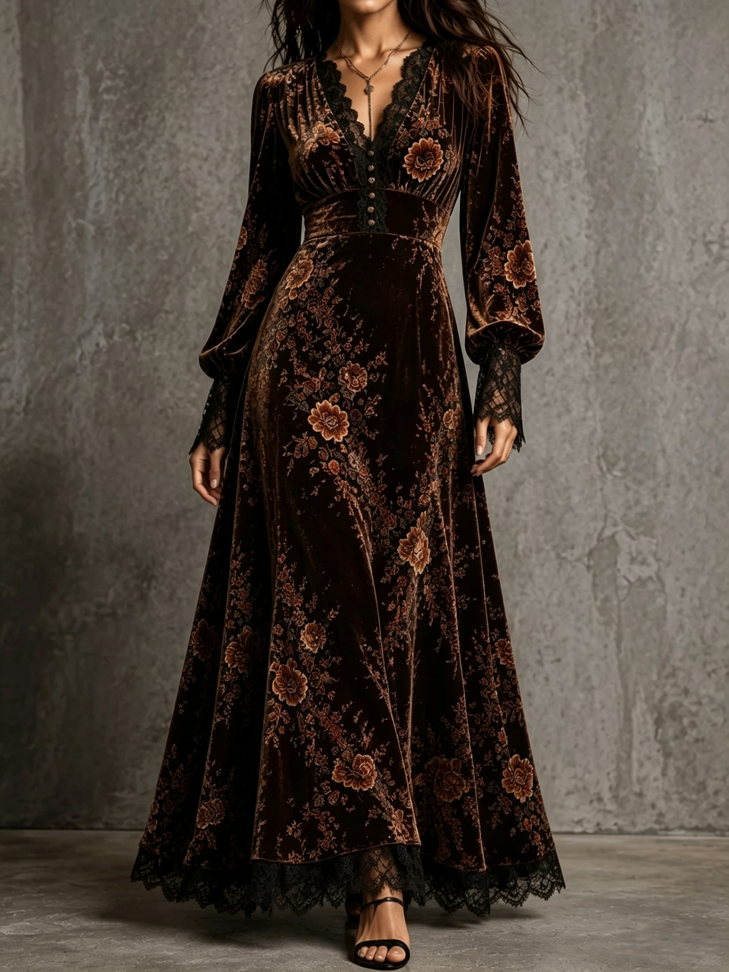 Brown Floral Velvet Maxi Dress