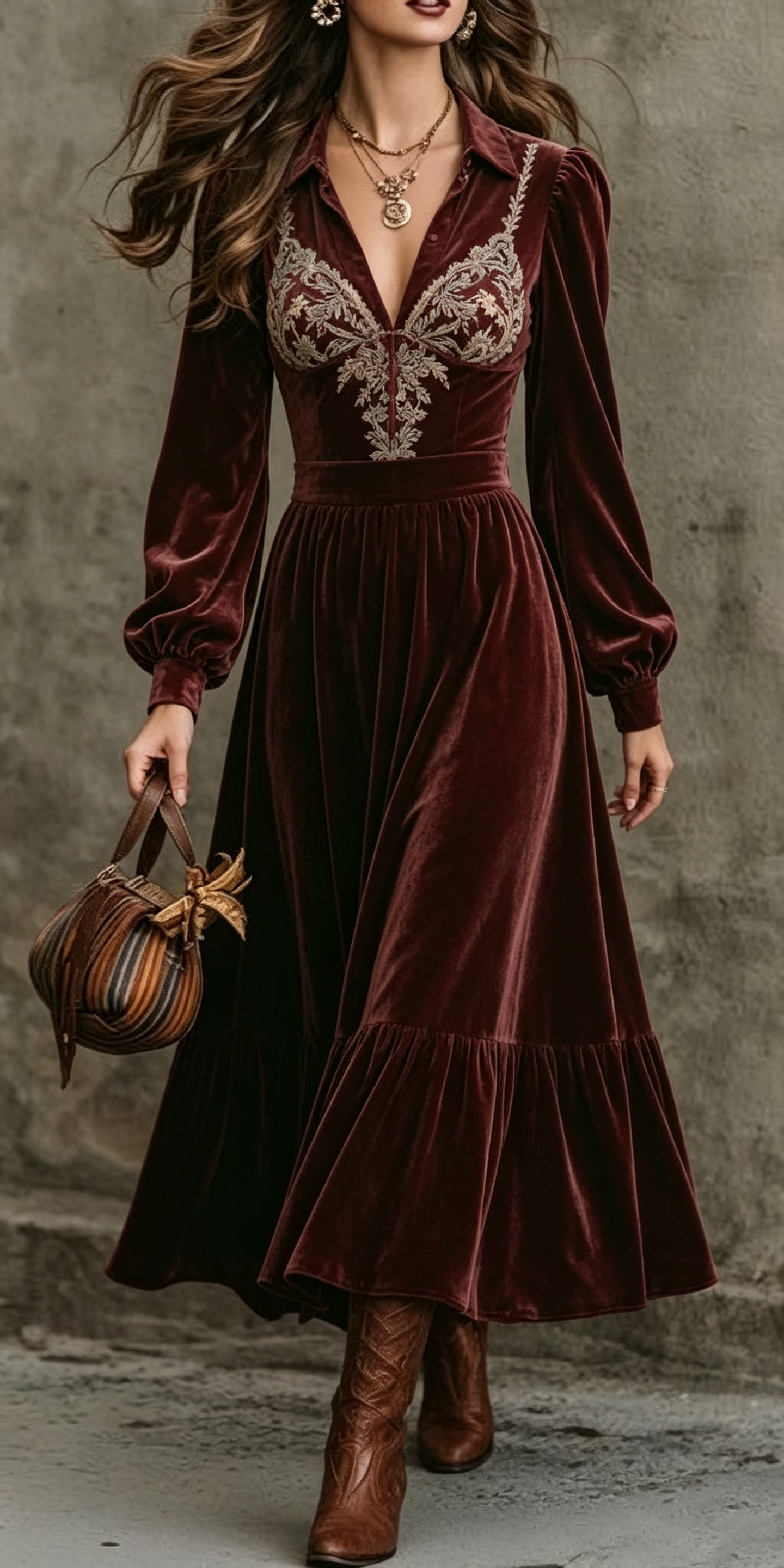 Burgundy Velvet Embroidered Maxi Dress