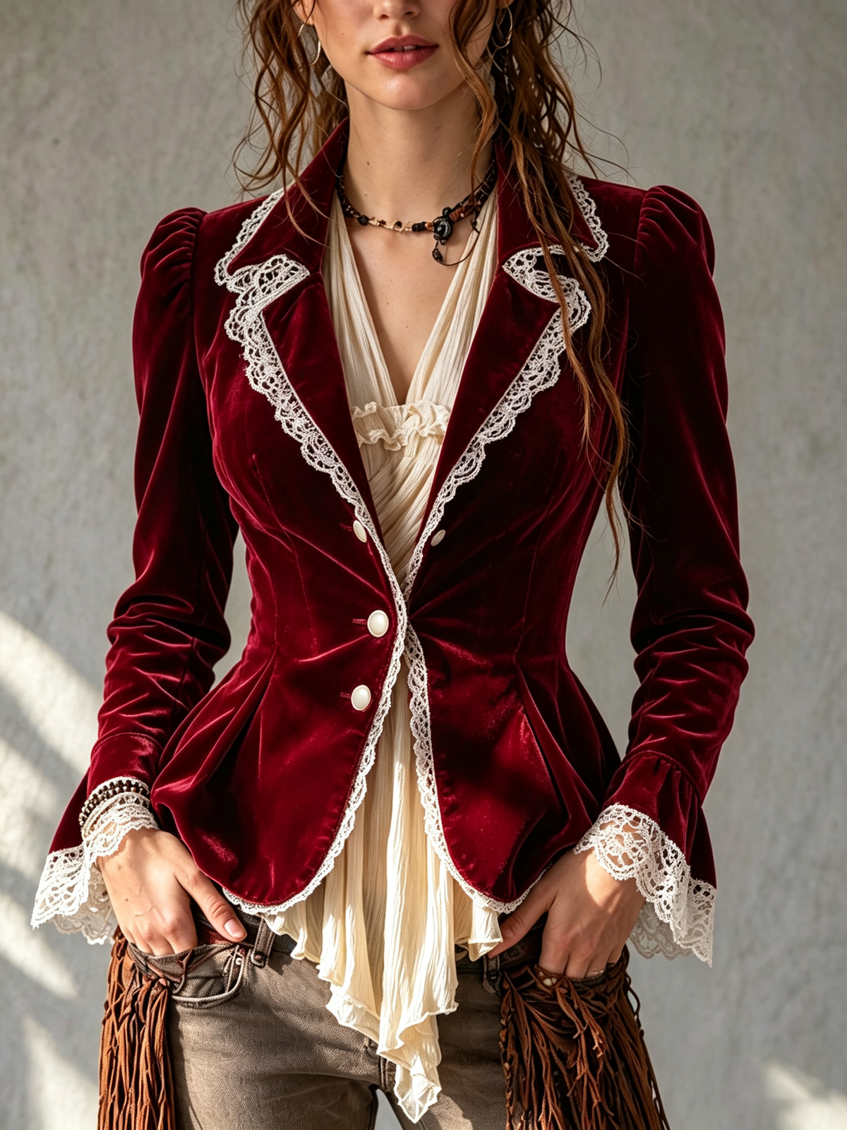 Burgundy Velvet Lace Trim Blazer