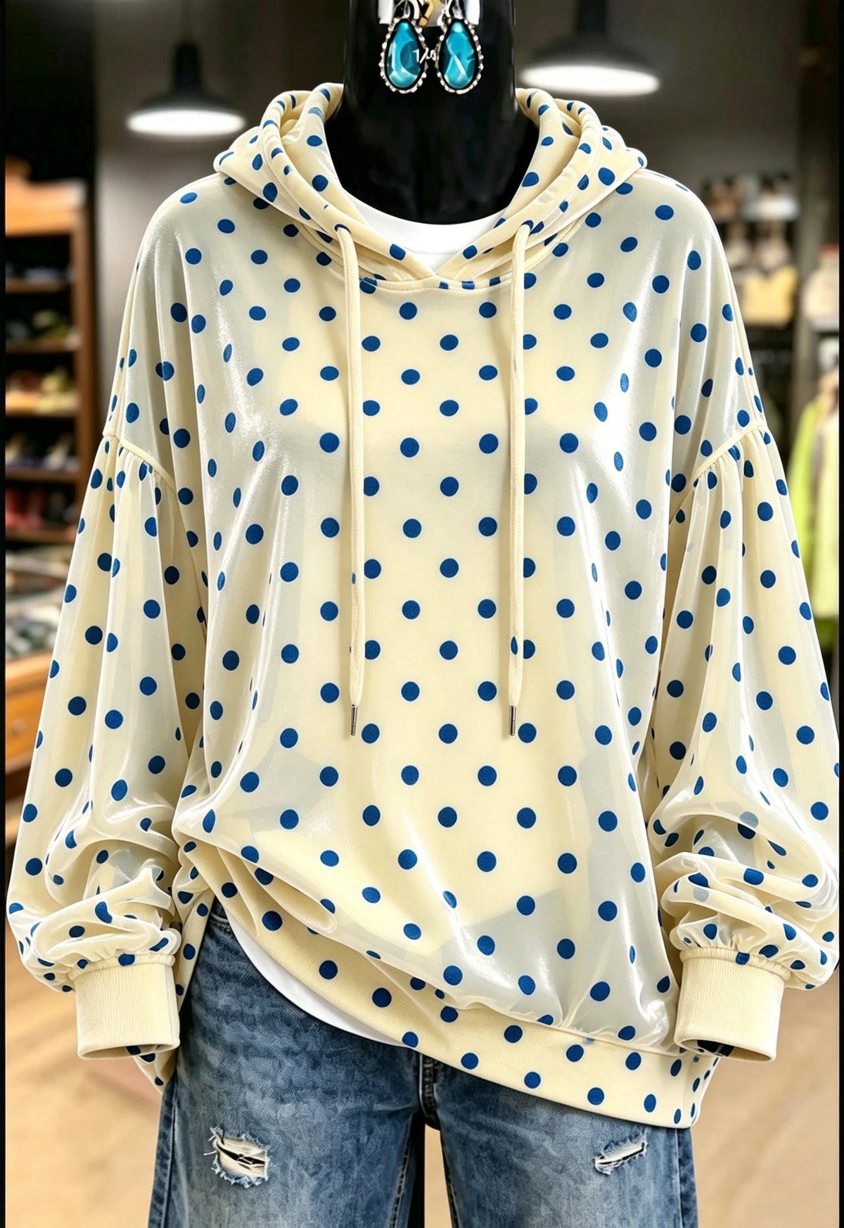 Cream Blue Polka Dot Velvet Hoodie