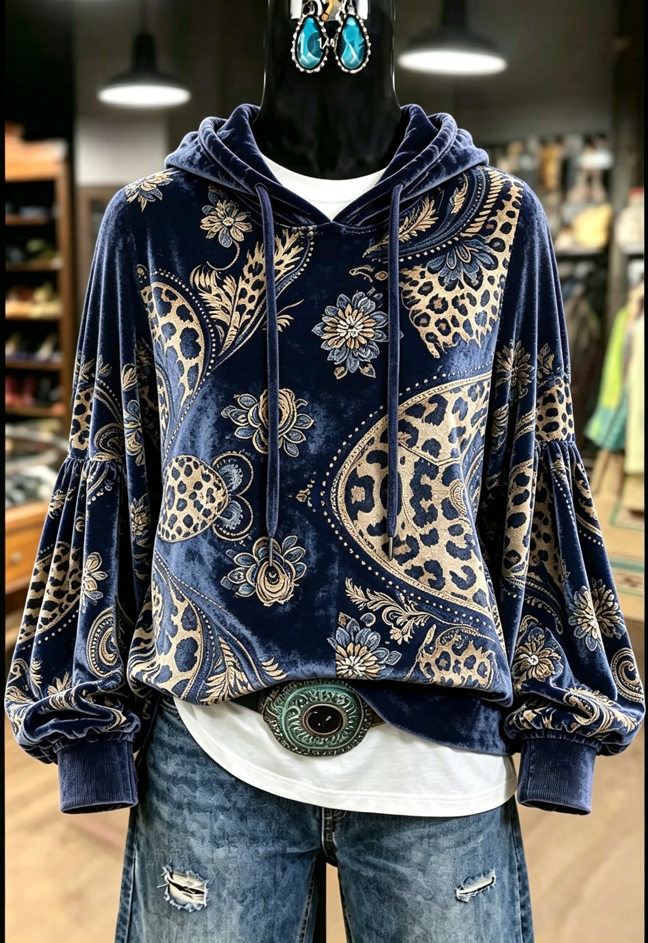 Navy Gold Floral Velvet Hoodie