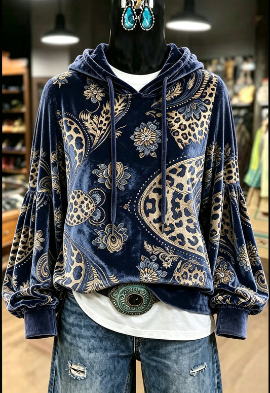 Navy Gold Floral Velvet Hoodie