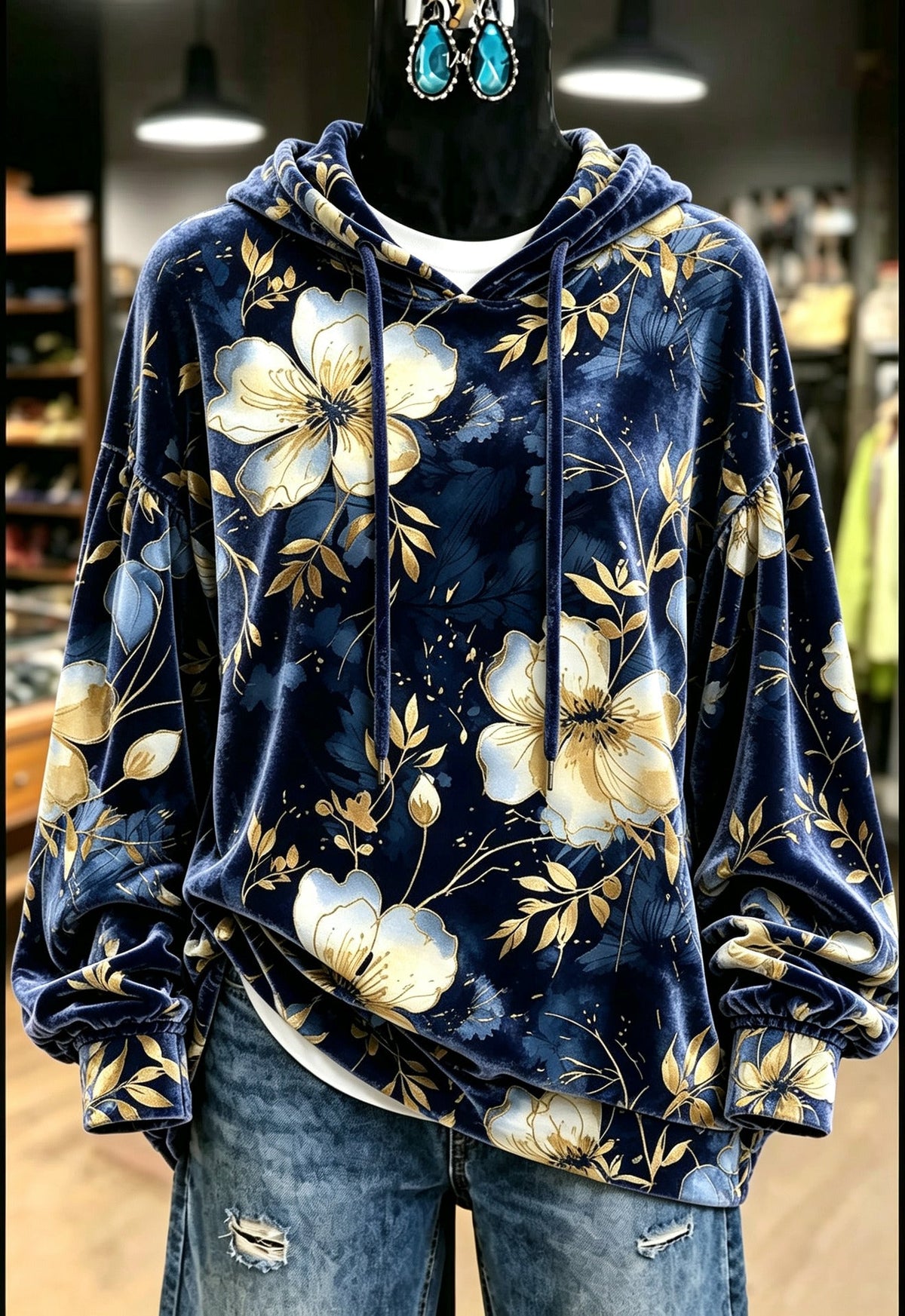 Navy Gold Floral Velvet Hoodie