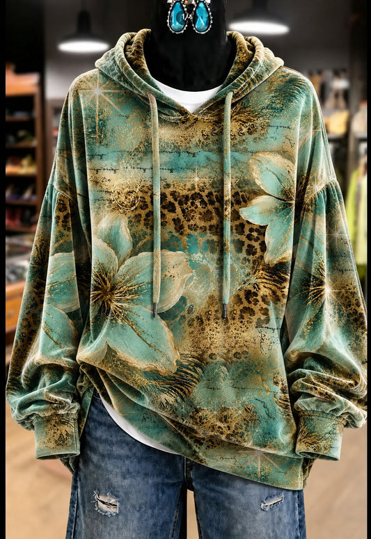 Green Gold Floral Velvet Hoodie